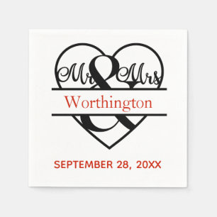 Monogram Mr. and Mrs. Red Black Wedding  Napkin