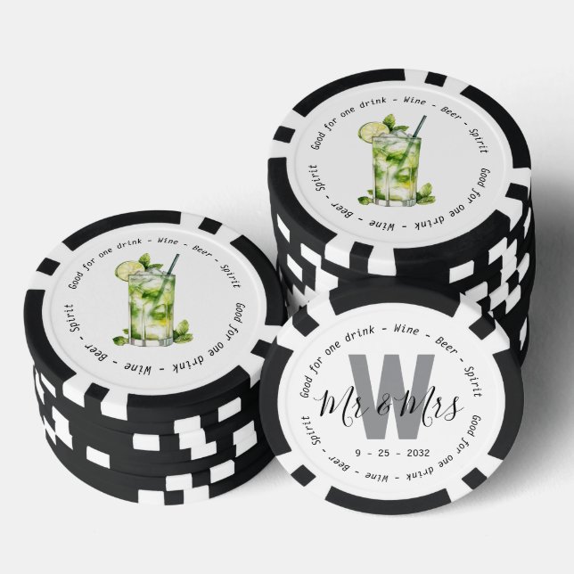 Monogram Mr Mrs Mojito Drink Voucher Wedding Poker Chips (Stack)