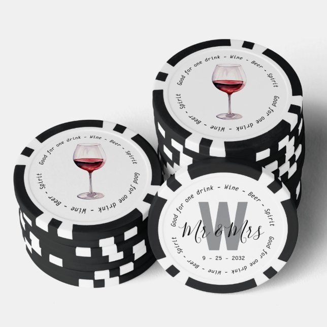 Monogram Mr Mrs Red Wine Drink Voucher Wedding Poker Chips (Stack)