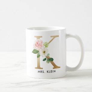 Monogram Mug, Floral Monogram K, Custom Gift, Gold Coffee Mug