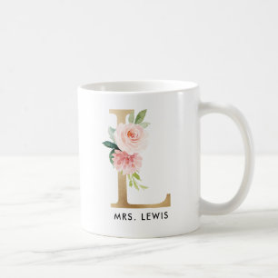 Monogram Mug, Floral Monogram L, Custom Gift, Gold Coffee Mug