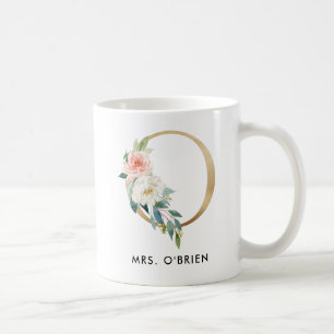 Monogram Mug, Floral Monogram O, Custom Gift, Gold Coffee Mug