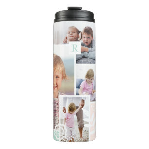 Monogram Multiple Photo Collage Chic Floral Design Thermal Tumbler