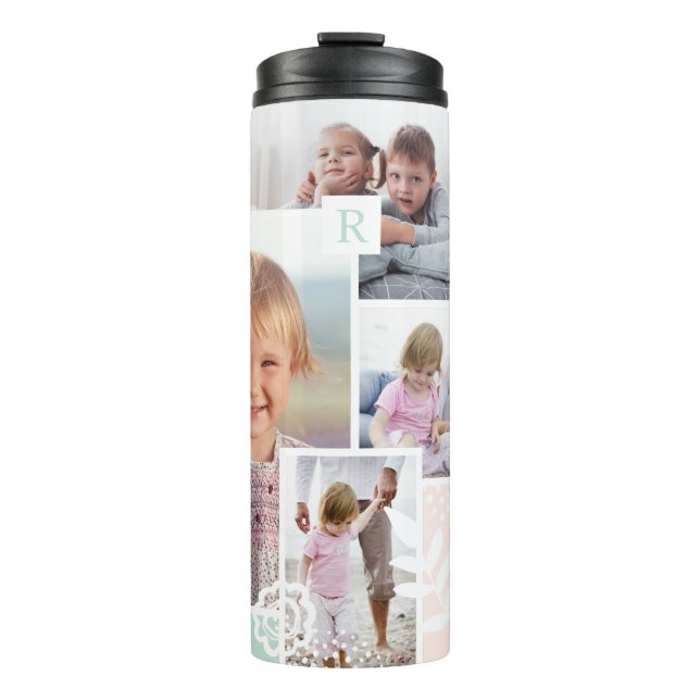 Monogram Multiple Photo Collage Chic Floral Design Thermal Tumbler (Front)
