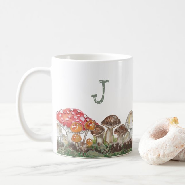 Monogram Mushroom Art Fall Nature Tan Sage Rustic  Coffee Mug (With Donut)