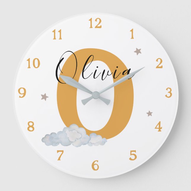 Monogram Mustard Baby Initial Name Nursery Wall Large Clock (Front)