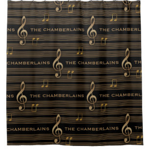 Monogram Muted Gold Treble Clef and Notes Shower Curtain
