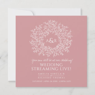 Monogram muted pink leaves wedding live stream announcement