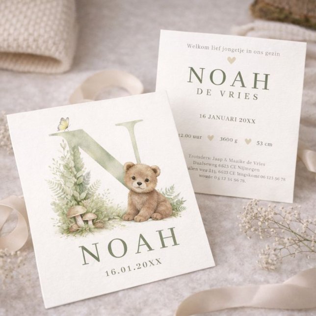 Monogram N Beer Bosdier Waterverf Geboortekaartje Card (Creator Uploaded)