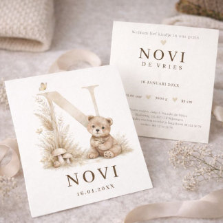 Monogram N Beer Neutraal Woodland Geboortekaartje Card