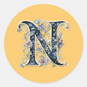 Monogram N floral design AI-generated Classic Round Sticker