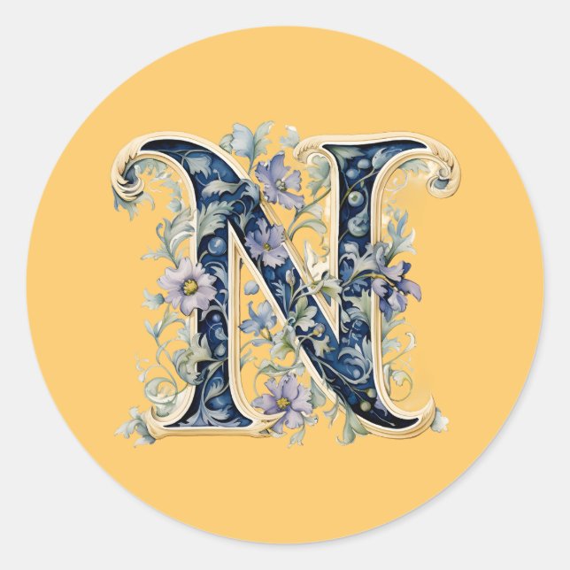 Monogram N floral design AI-generated Classic Round Sticker (Front)