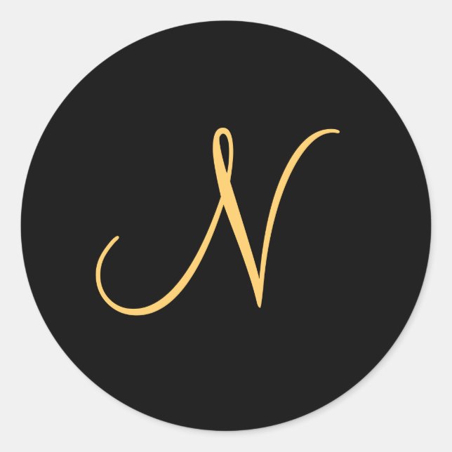 Monogram N,  gold coloured initial N on black, Classic Round Sticker (Front)
