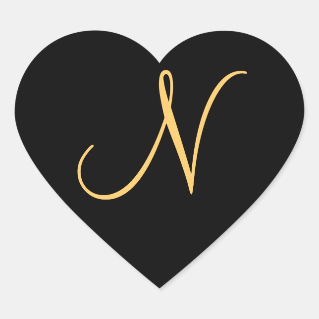 Monogram N,  gold coloured initial N on black, Heart Sticker (Front)