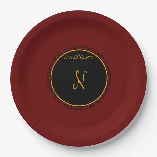 Monogram "N" gold-coloured script  Paper Plate (Front)