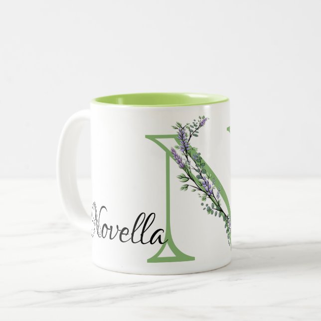 Monogram N Lavender Eucalyptus Two-Tone Coffee Mug (Front Left)