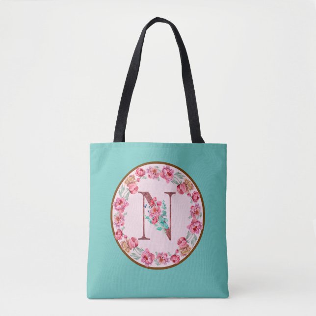 Monogram N Letter with Peony Flower Image Tote Bag (Front)