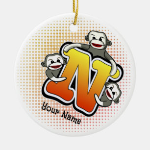 Monogram N Sock Monkey  Ceramic Tree Decoration