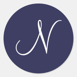 Monogram N, White on Navy Blue, Classic Round Sticker