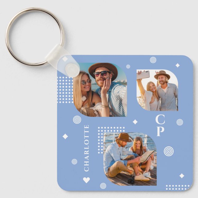 Monogram Name 3 Photo Collage Trendy Key Ring (Front)