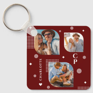 Monogram Name 3 Photo Collage Trendy Key Ring