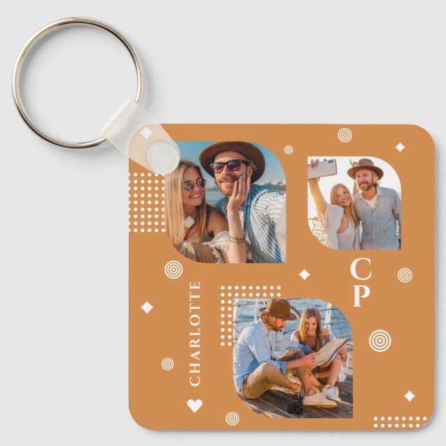 Monogram Name 3 Photo Collage Trendy Key Ring (Front)