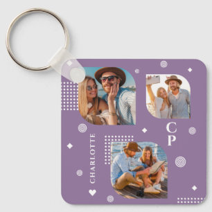 Monogram Name 3 Photo Collage Trendy Key Ring