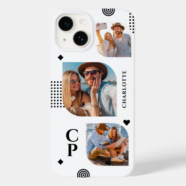 Monogram Name 3 Photo Collage Trendy Modern Case-Mate iPhone Case (Back)