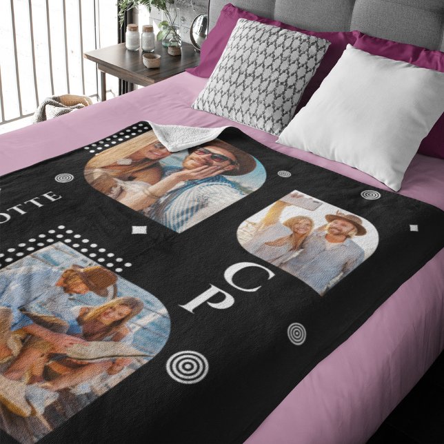 Monogram Name 3 Photo Collage Trendy Modern Fleece Blanket (Creator Uploaded)