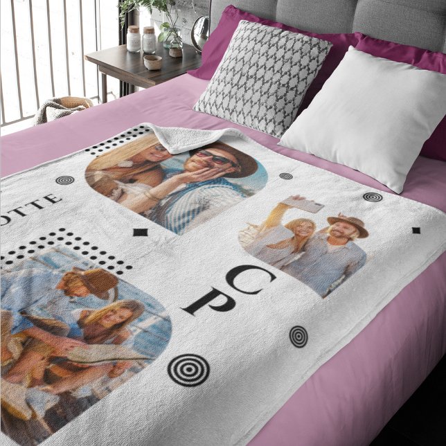 Monogram Name 3 Photo Collage Trendy Modern Fleece Blanket (Creator Uploaded)