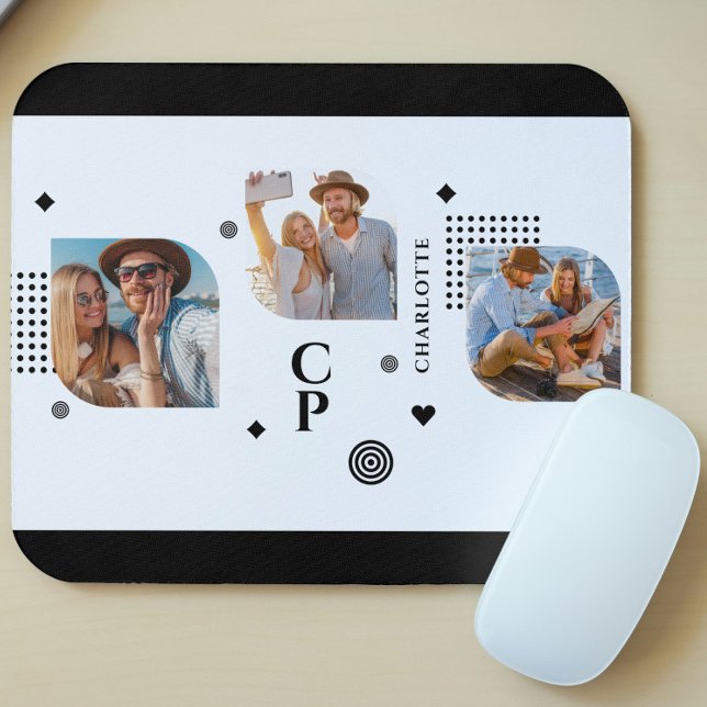Monogram Name 3 Photo Collage Trendy Modern Mouse Mat (Creator Uploaded)
