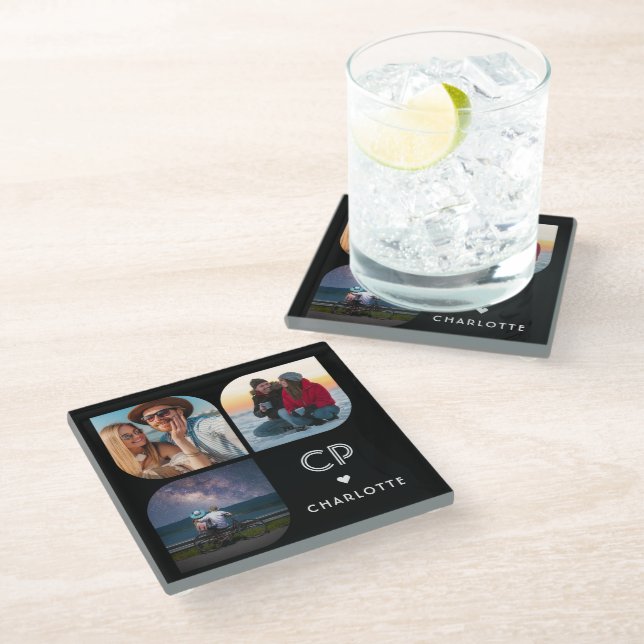 Monogram Name 3 Photo Modern Trendy Simple Glass Coaster (Angled)