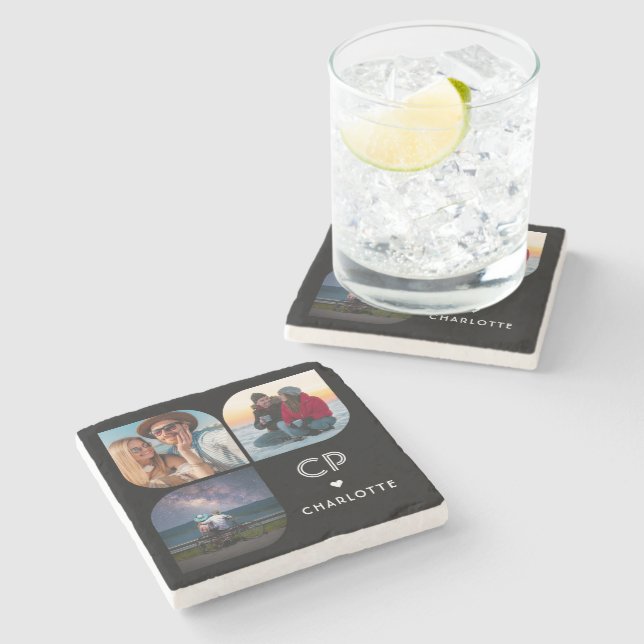 Monogram Name 3 Photo Modern Trendy Simple Stone Coaster (Side)