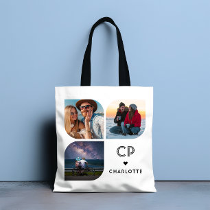Monogram Name 3 Photo Modern Trendy Simple Tote Bag