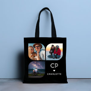 Monogram Name 3 Photo Modern Trendy Simple Tote Bag