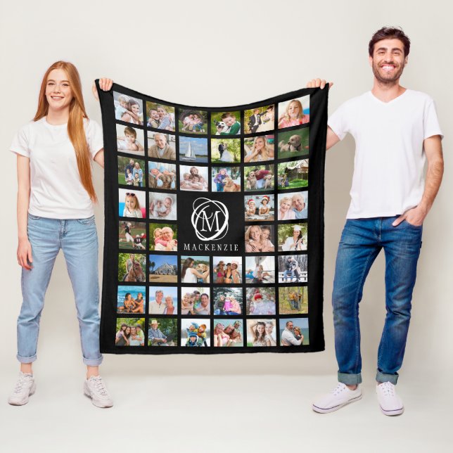 Monogram Name 44 Photo Collage Editable Black Fleece Blanket (In Situ)