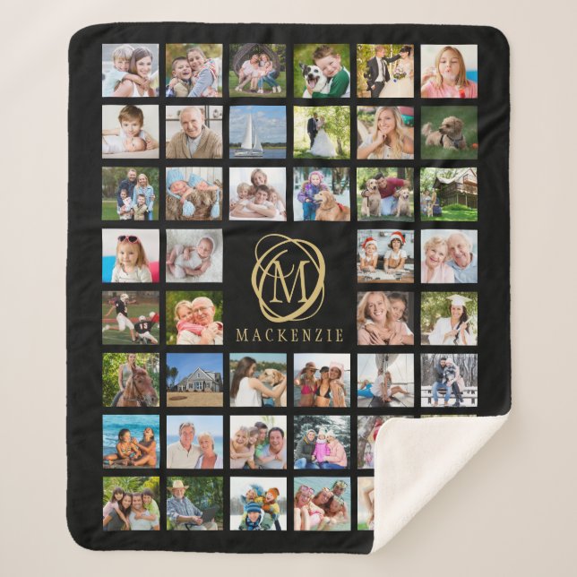 Monogram Name 44 Photo Collage Editable Black Gold Sherpa Blanket (Front)