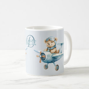 Monogram Name Aeroplane Happy Blue Bear Pilot Coffee Mug