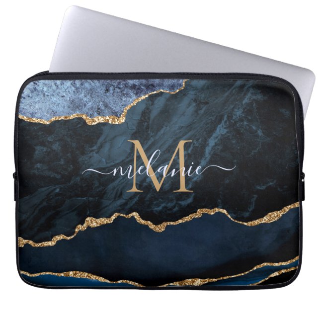 Monogram Name Agate Blue Gold Marble Laptop Sleeve (Front)