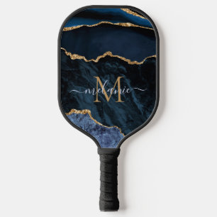 Monogram Name Agate Blue Gold Pickleball Paddle