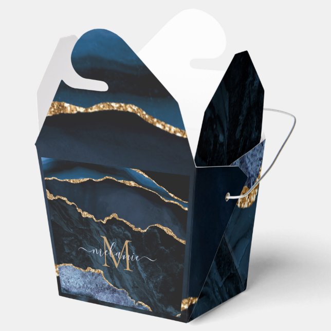 Monogram Name Agate Navy Blue Gold Favour Boxes (Opened)