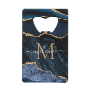 Monogram Name Agate Navy Blue Gold Gemstone Marble