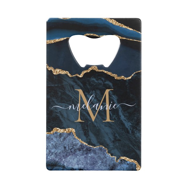 Monogram Name Agate Navy Blue Gold Gemstone Marble (Front)
