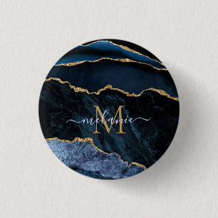 Monogram Name Agate Navy Blue Gold Gemstone Marble 3 Cm Round Badge
