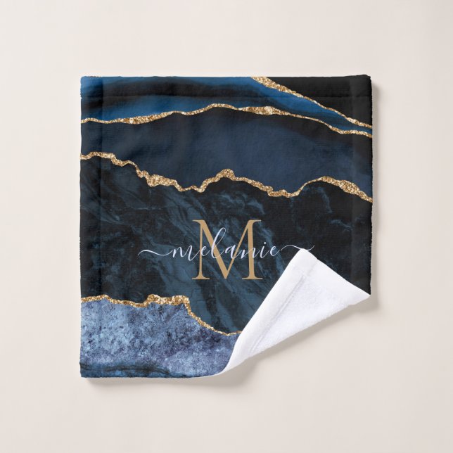 Monogram Name Agate Navy Blue Gold Gemstone Marble Bath Towel Set (Wash Cloth)