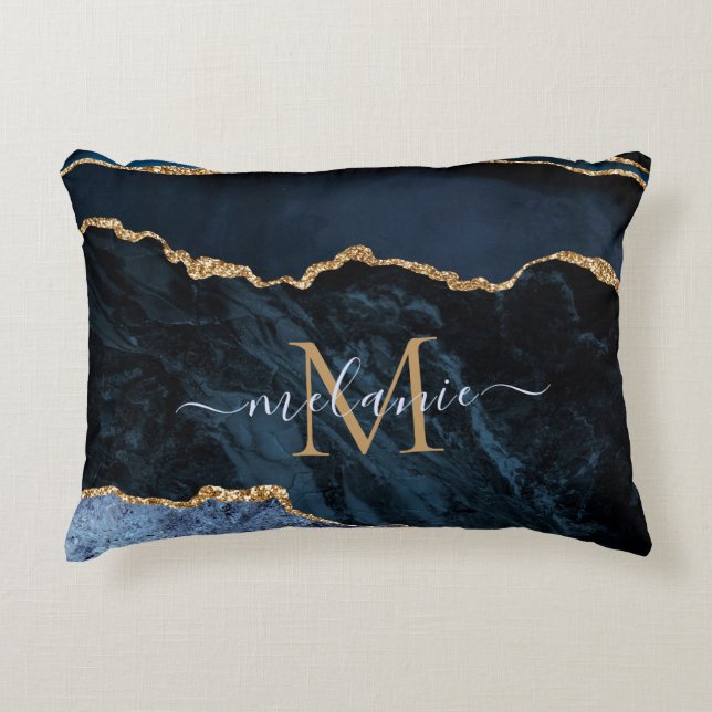 Monogram Name Agate Navy Blue Gold Gemstone Marble Decorative Cushion (Front)