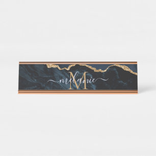Monogram Name Agate Navy Blue Gold Gemstone Marble Desk Name Plate