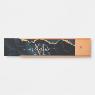 Monogram Name Agate Navy Blue Gold Gemstone Marble Door Sign