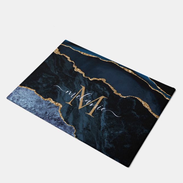 Monogram Name Agate Navy Blue Gold Gemstone Marble Doormat (Angled)