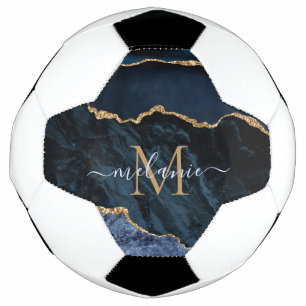 Monogram Name Agate Navy Blue Gold Gemstone Marble Football